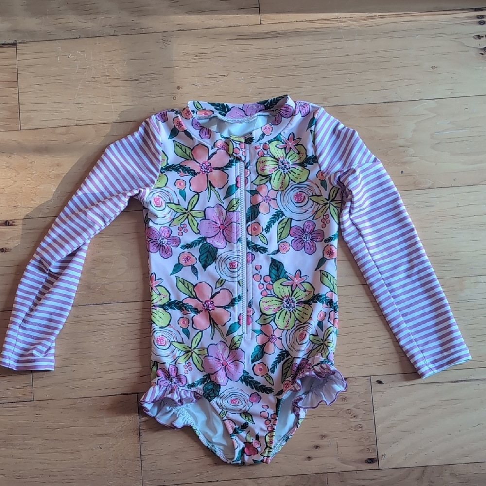 Floral and Striped Kids Rashguard Swimsuit
